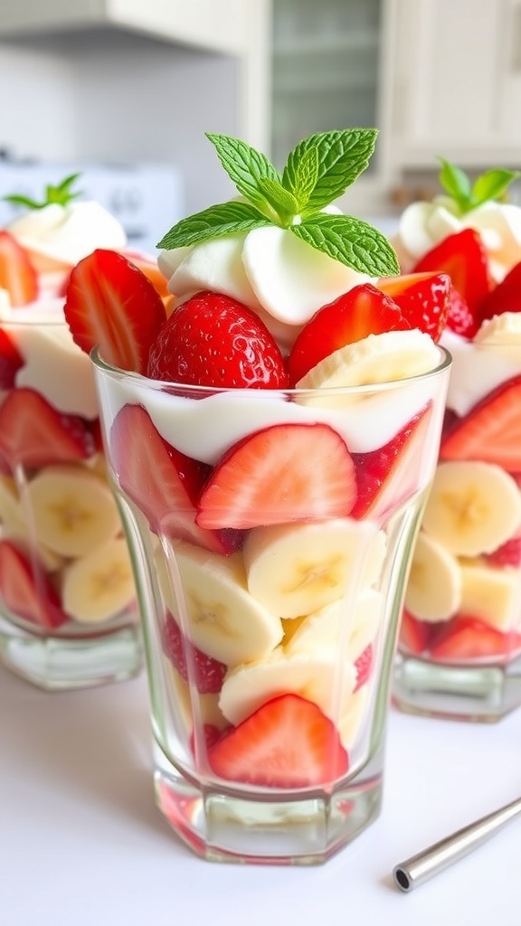 Layers of strawberries and bananas in a creamy dessert served in clear glasses, garnished with mint.